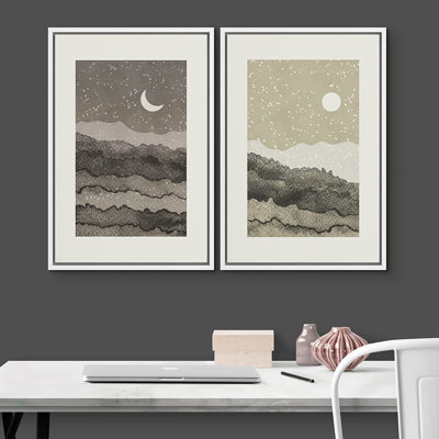 Sun And Moon " Crescent Moon Shining Sun Watercolor Landscape " 2 - Pieces