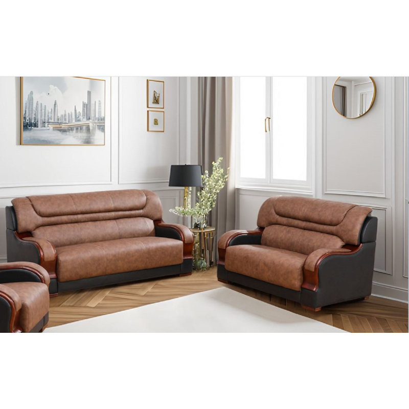 Ensemble de salon en cuir véritable 2 pièces Shamim, Cuir véritable brun