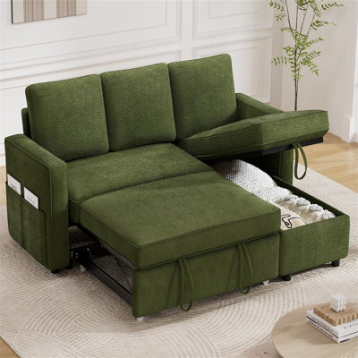 81" Convertible L Shaped Couch Sofa Sleeper With Reversible Chaise With Storage And Side Pockets