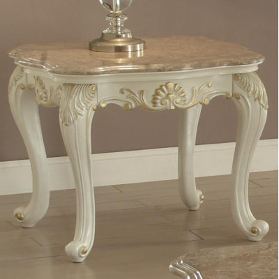 Caviness Transitional Square End Table with Natural Marble Top in Pearl White