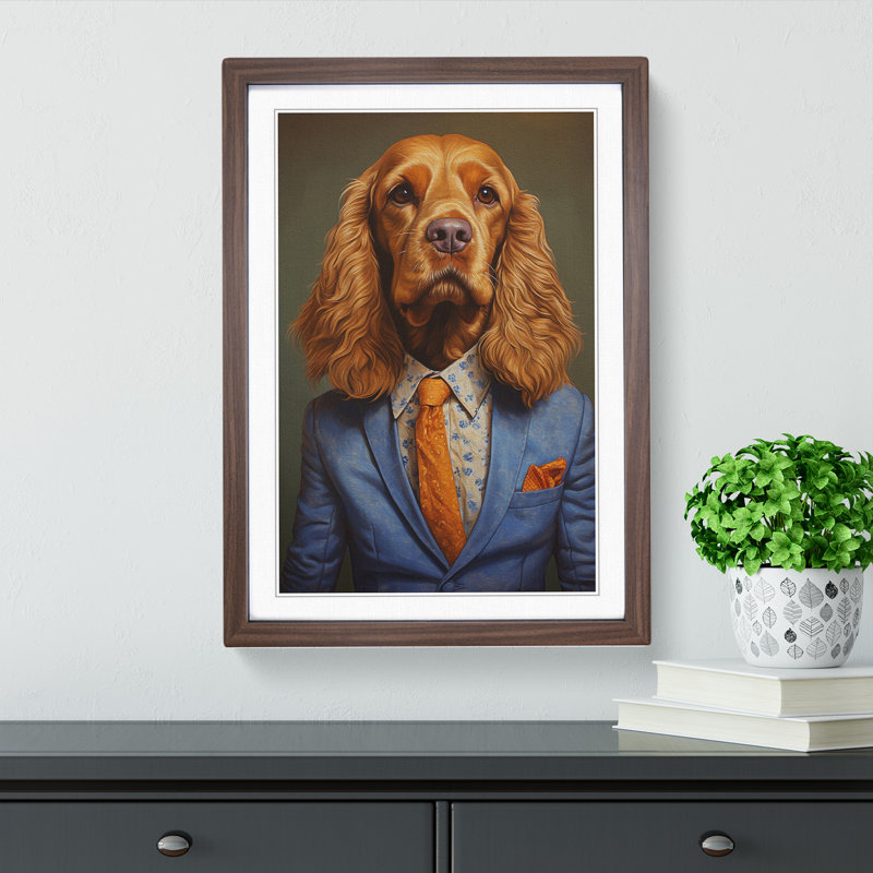 Cocker Spaniel In A Suit No.3 - Single Picture Frame Print on Wood, 64cm H x 46cm W x 2cm D, Walnut
