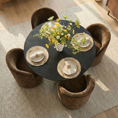 4 - Person Dining Table Sets With 52'' Solid Round Table & 4 Upholstered Chenille Swivel Chairs