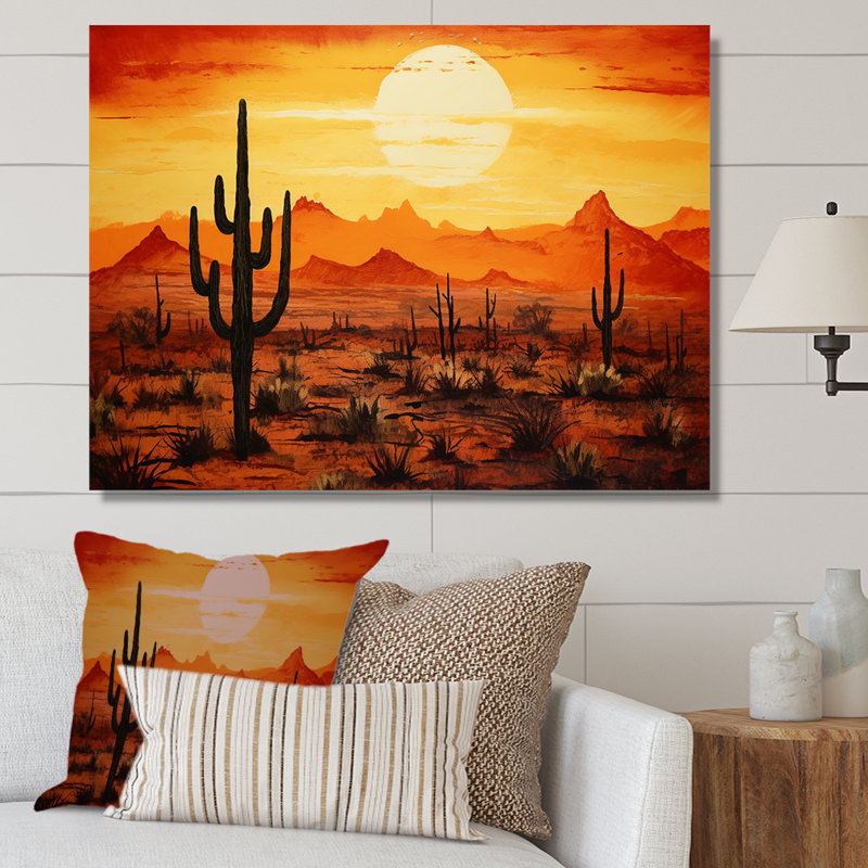 Cactus Sunrise Silhouettes - Cactus, art mural, H 24 po x l 32 po x P 1 po, Toile tendue