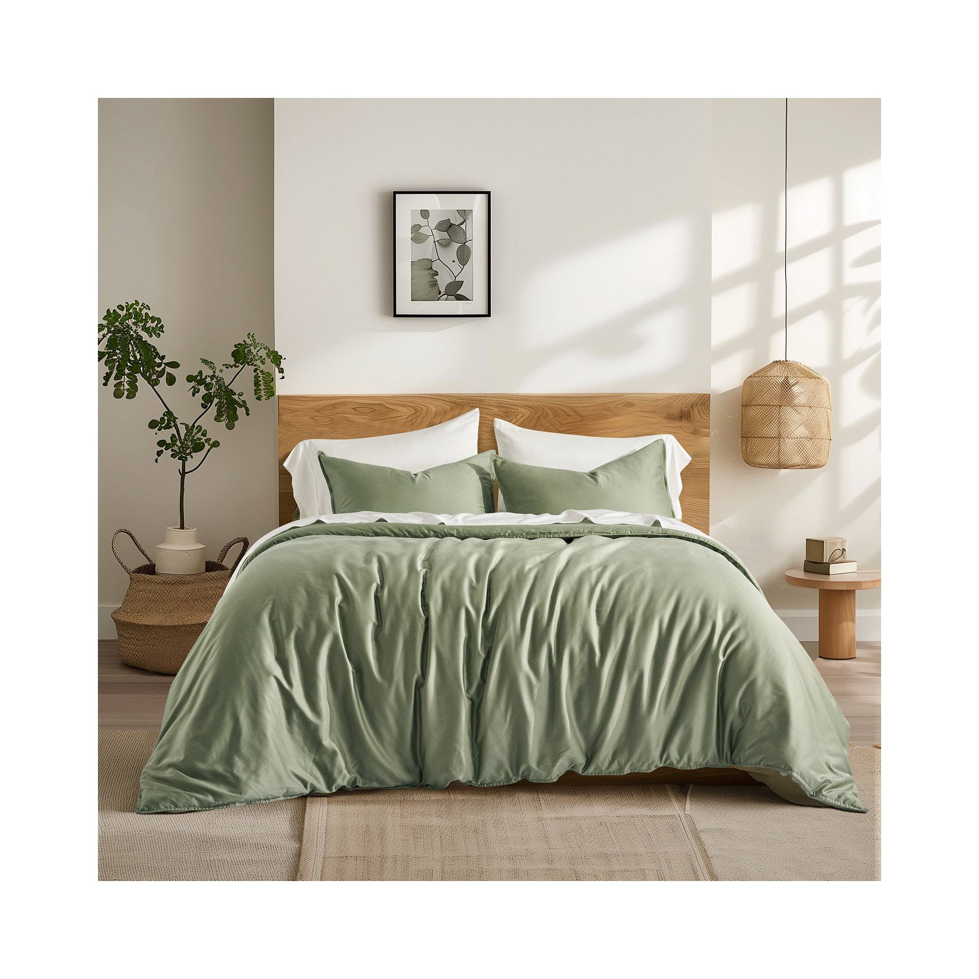 Cotton Tencel Duvet Cover Set, Queen Duvet Cover + 2 Queen Shams, Sage Green