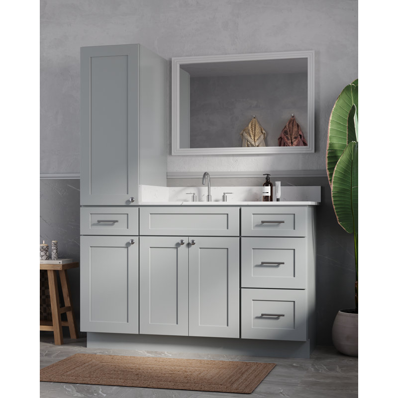 Disar 54' Single Bathroom Vanity With Left Linen Tall Cabinet Dovetail Solid Wood Drawer Carrara Quartz Top, Gray