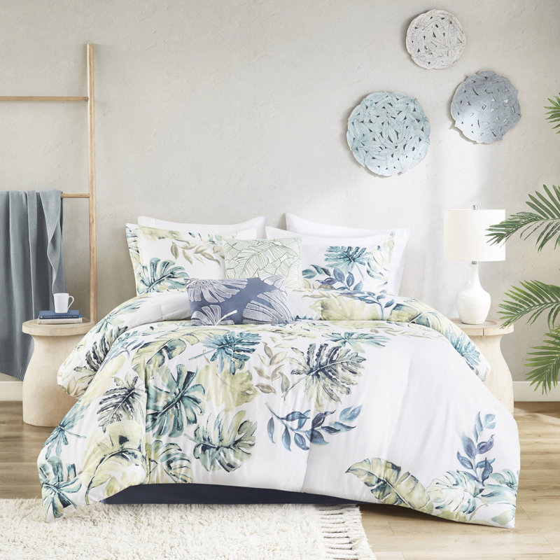 Édredon pour très grand lit - Coton avec imprimé de texture tropicale bleue et taille très facile d'entretien
