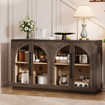 Buffet 4 portes avec rangement et portes vitrées, armoire arquée avec tablettes réglables pour la cuisine, la salle à manger et le salon