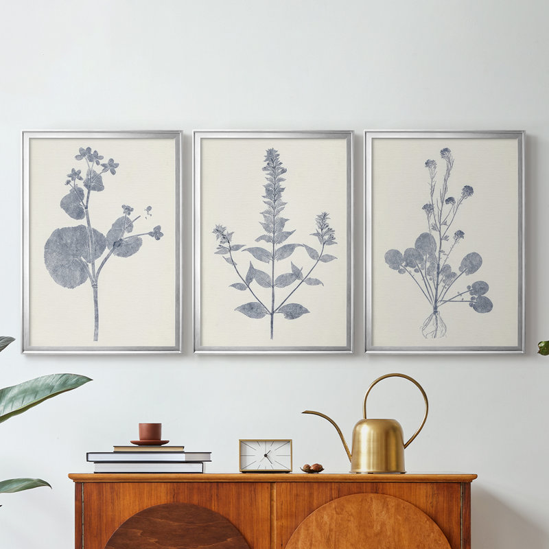 Marine Botanicals VI - Toile tendue avec châssis sur mesure - 3 pièces, H 30 po x l 63 po, Argent argent