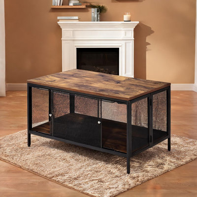 Table basse de salon avec rangement à porte coulissante, chêne antique et noir mat, conception rectangulaire pliable, 41 po x 22 po x 21 po