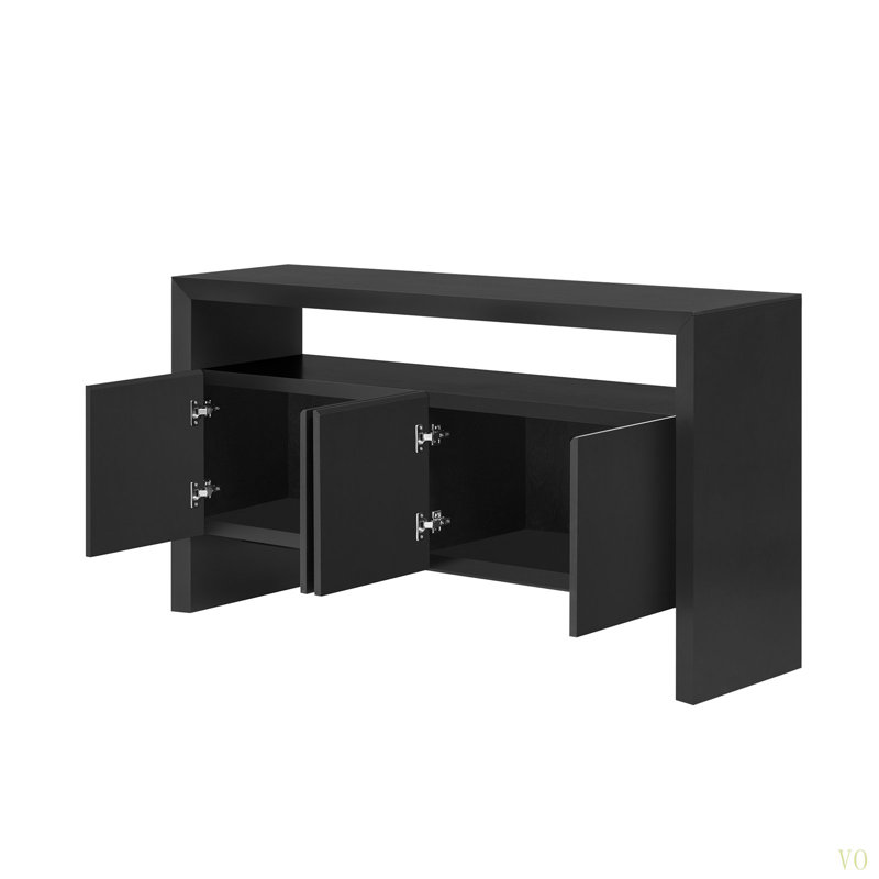 Buffet 60 po 4 portes, placage en bois massif minimaliste moderne avec tablette ouverte, grain, console de rangement grande capacité pour le salon, le couloir, la salle à manger