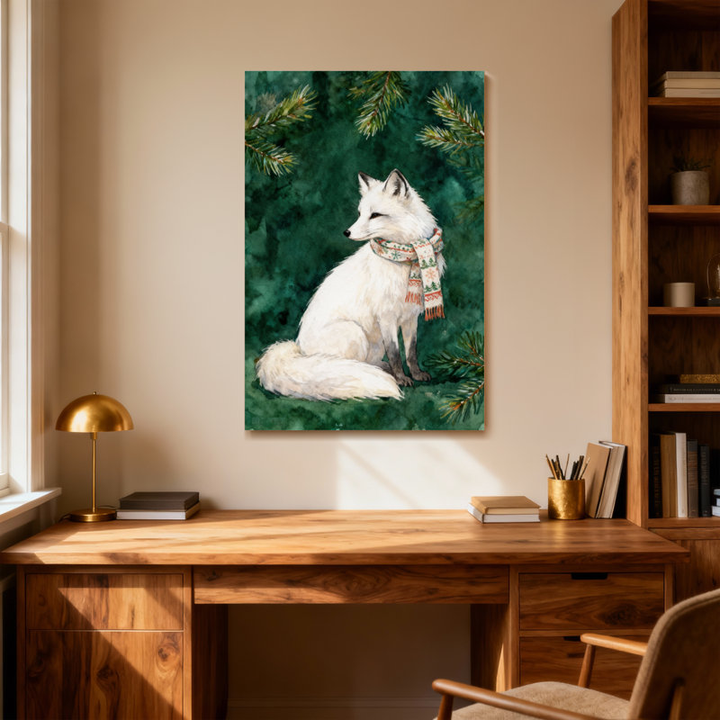 Christmas White Fox Wearing Scarf Pine Branches Background