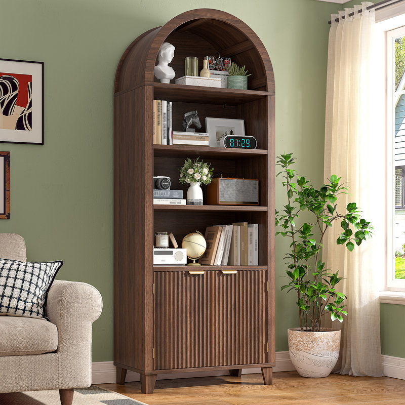 Bibliothèque de rangement / armoire arquée avec portes cannelées et tablettes réglables - entrée, salon, Marron foncé