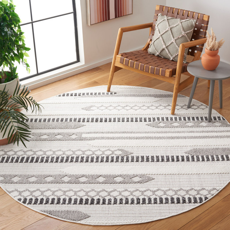Tapis gris tissé à la machine à motif géométrique, Rond 6 pi 7 po