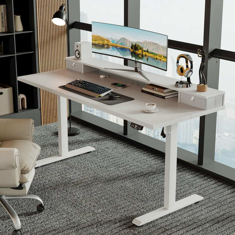Electric Standing Desk With Drawers,Home Office Height Adjustable  Desk with Large Monitor Shelf, White/White