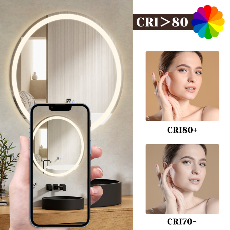 Citlally Circle Lighted Aluminium Framed Wall Accent Mirror in Silver, 50 cm x 50 cm