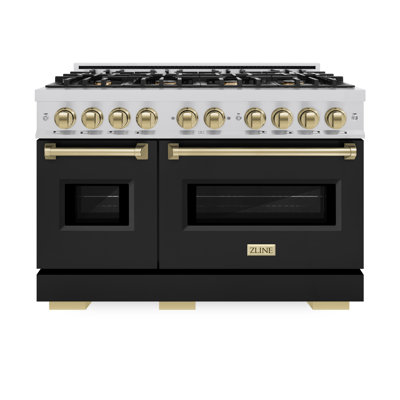 ZLINE Autograph 48" Classic Double Oven Gas Range w/ Black Doors & Bronze Accents