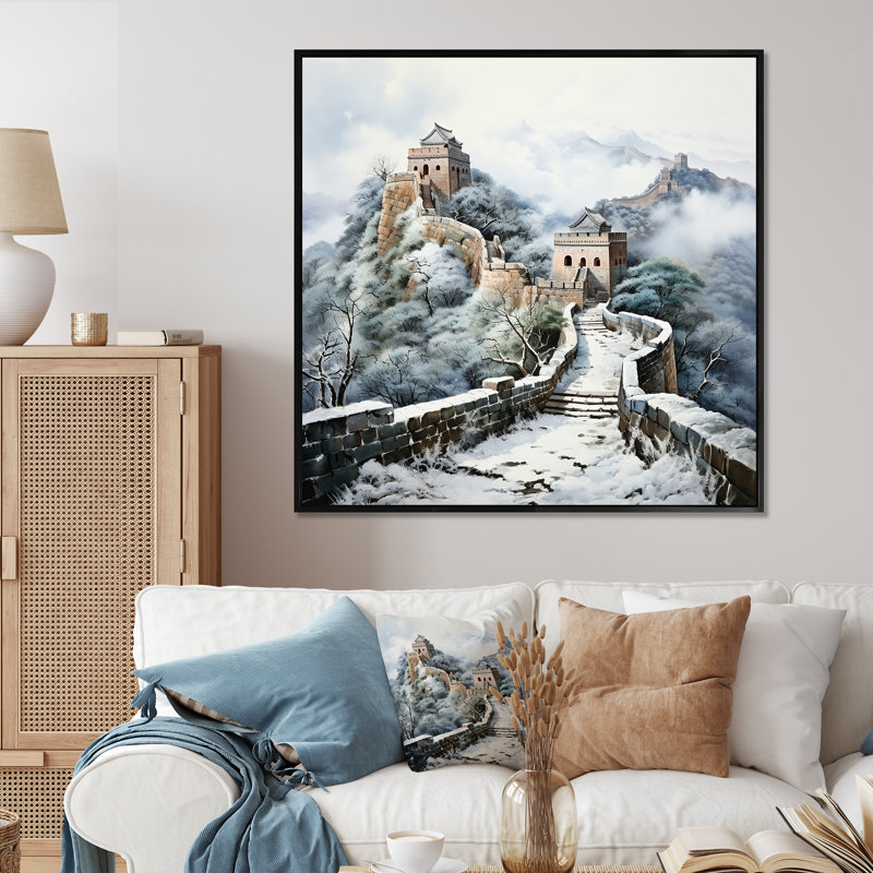 Grande muraille de Chine en hiver 1 - Art mural Chine, Cadre flottant noir, H 30 po x l 30 po x P 1,5 po