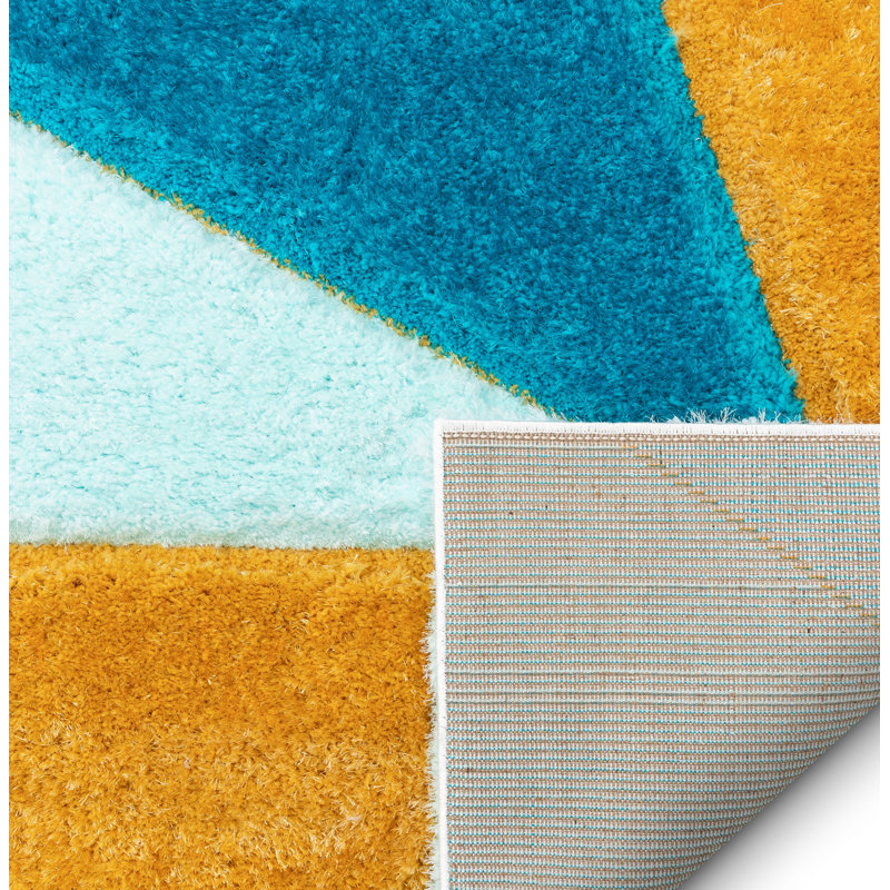 Tapis à poil long bleu / jaune Cobina, Tapis de couloir 2 pi 7 po x 9 pi 10 po