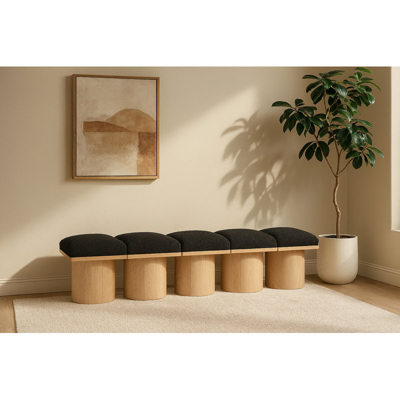 Banc rembourré Horatia, H 17,5 po x l 77,5 po x P 18 po, Naturel, Tissu bouclé noir