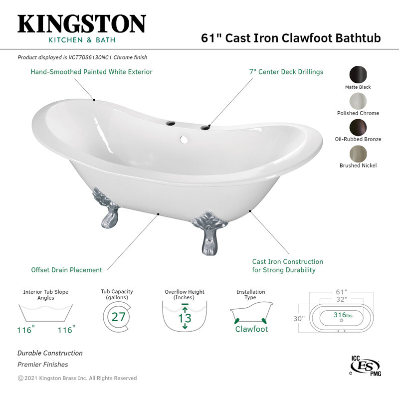 Kingston Brass Aqua Eden 61-Inch Cast Iron Oval Double Slipper Clawfoot Tub (7-Inch Faucet Drillings), Brushed Nickel