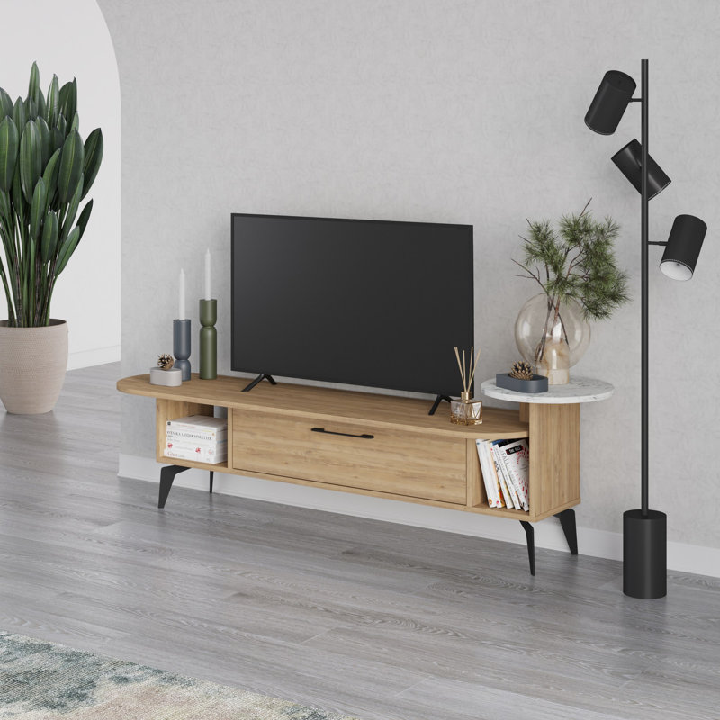 Meuble télé moderne avec de nombreuses tablettes, finition chêne et carrare, 74,0 x 16,8 x 15,7 pouces | 100% panneau de particules enduit de mélamine, épaisseur: 0,7 pouce | Solution de rangement élégante pour salon et centre de divertissement