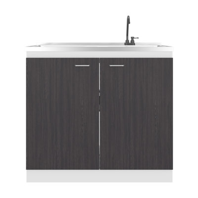 Black & White Print Utility Sink With Integrated Faucet And Countertop, Freestanding Cabinet Two Doors, For Home Garage Workspace Faucet, Workspace, - Door Design