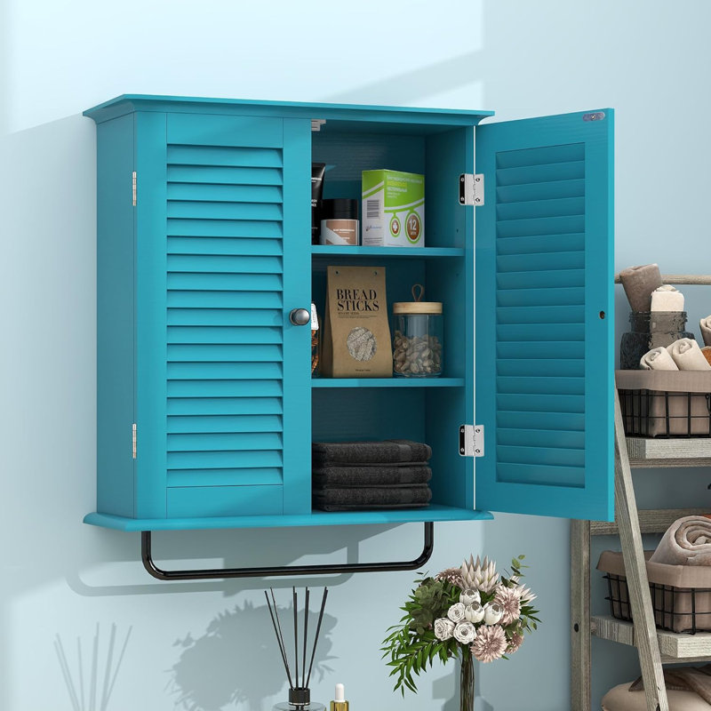 Armoire de salle de bain murale avec portes à enroulement double et tablettes réglables à trois niveaux, Turquoise