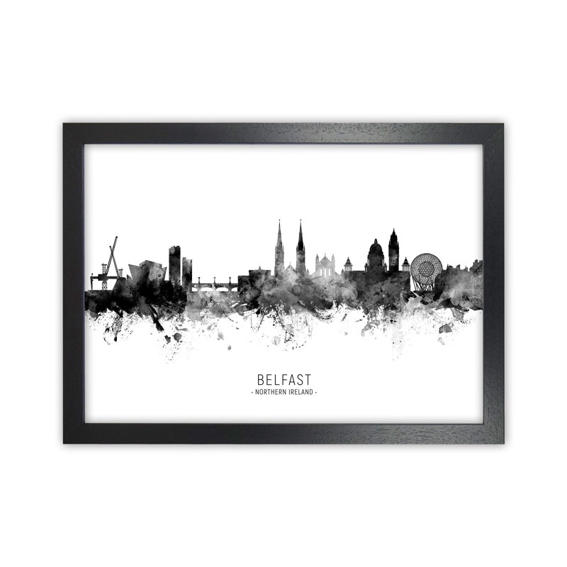 Belfast Northern Ireland Skyline Black White City Name by Michael Tompsett - Print, 25cm H x 34cm W x 3cm D, Black Framed