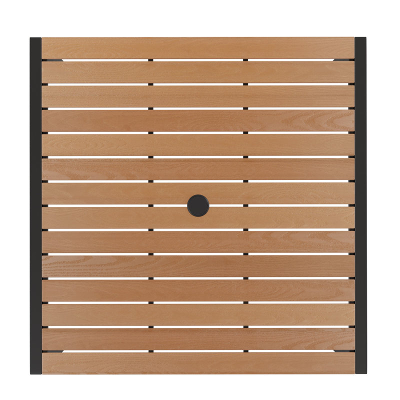 Saville Black Steel Framed 35" Square Faux Teak Patio Table-Tan 9FT Patio Umbrella-Base, Tan Umbrella