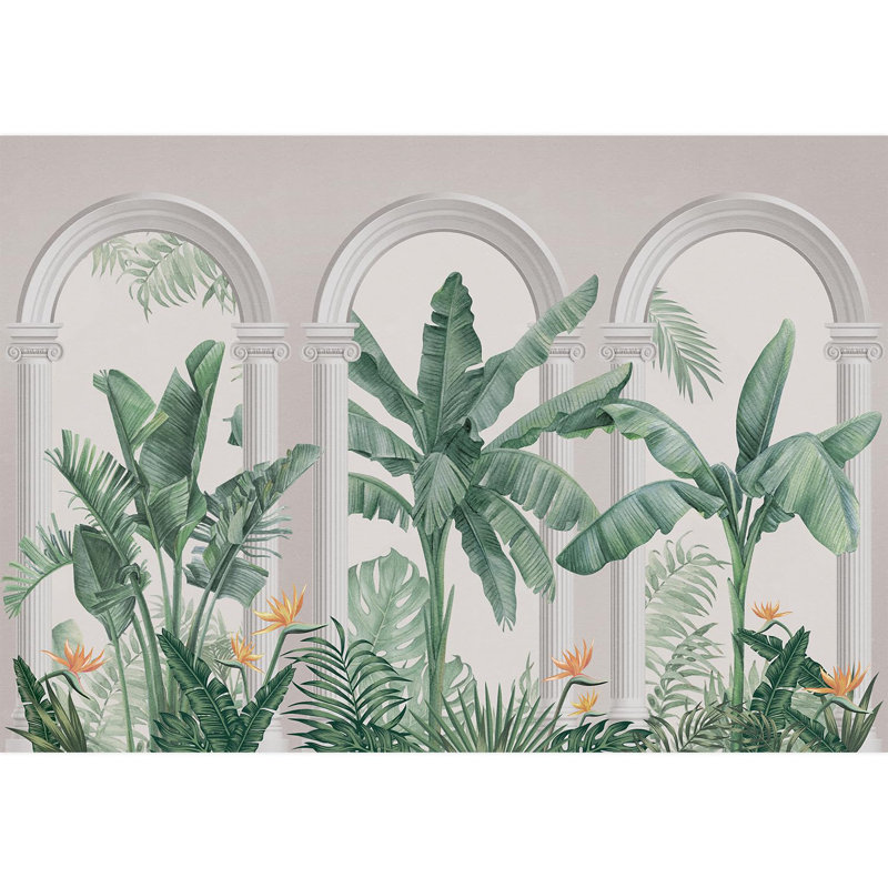 Botanique architecturale élégante avec plantes tropicales et éléments classiques, L 100 po x l 144 po