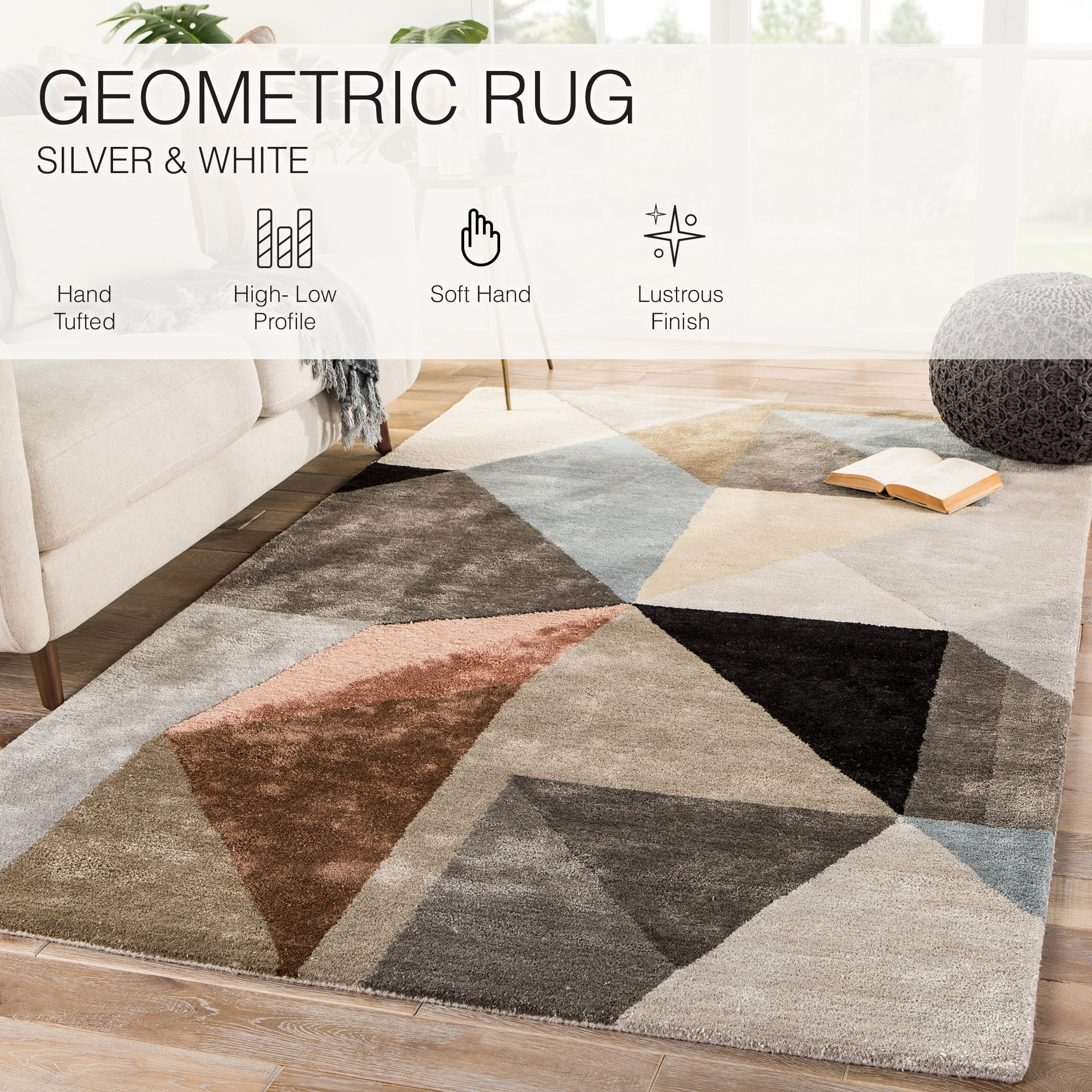 Ruben Handmade Viscose Jet Black/Moonbeam/Tuscany Rug, Rectangle 2' x 3'