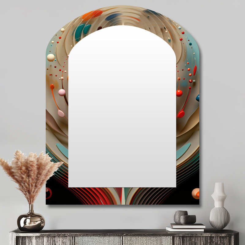 Awakening Of Origine - Shapes Arch Wall Mirror, Red Asymmetrical Decorative Mirror, Printed Metal Art, 43'' x 33''