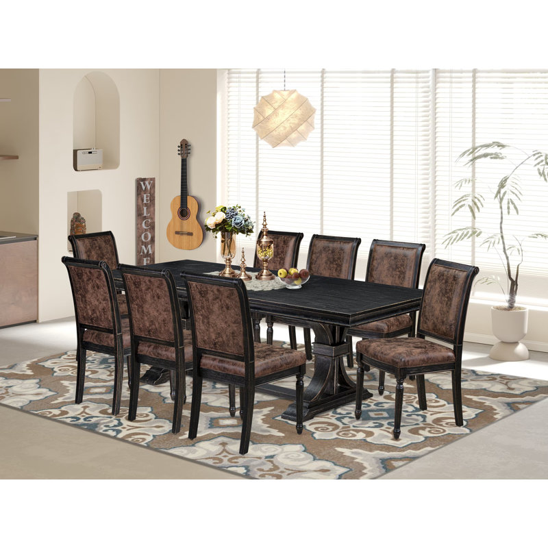 Cet ensemble de table de salle à manger moderne 9 pièces comprend une table de salle à manger et 8 chaises de salle à manger en tissu de polyester texturé brun avec dossier haut - fini noir sablé