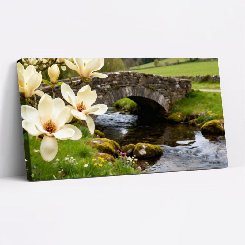 Ensemble de 1 tableau sur toile tendue représentant un paysage de fleurs de magnolia et de pont de pierre, H 20 po x l 40 po
