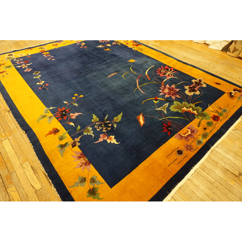 Tapis rectangulaire en laine noué à la main - bleu art déco des années 1920