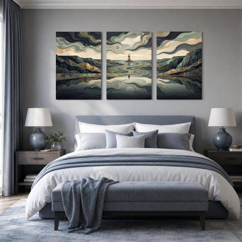 Art mural sur toile, ensemble de 3 montagnes géométriques et eau, H 30 po x l 20 po x 3 pièces