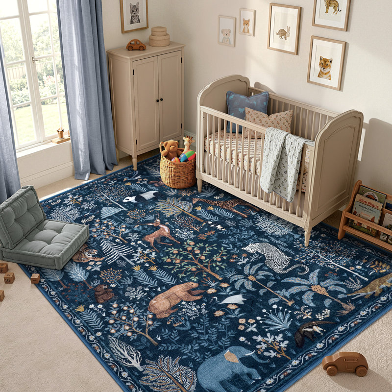  Goldene Whimsical Jungle Animal Washable Area Rug for Kids Room & Nursery, Soft Non-Slip Botanical Playroom Carpet