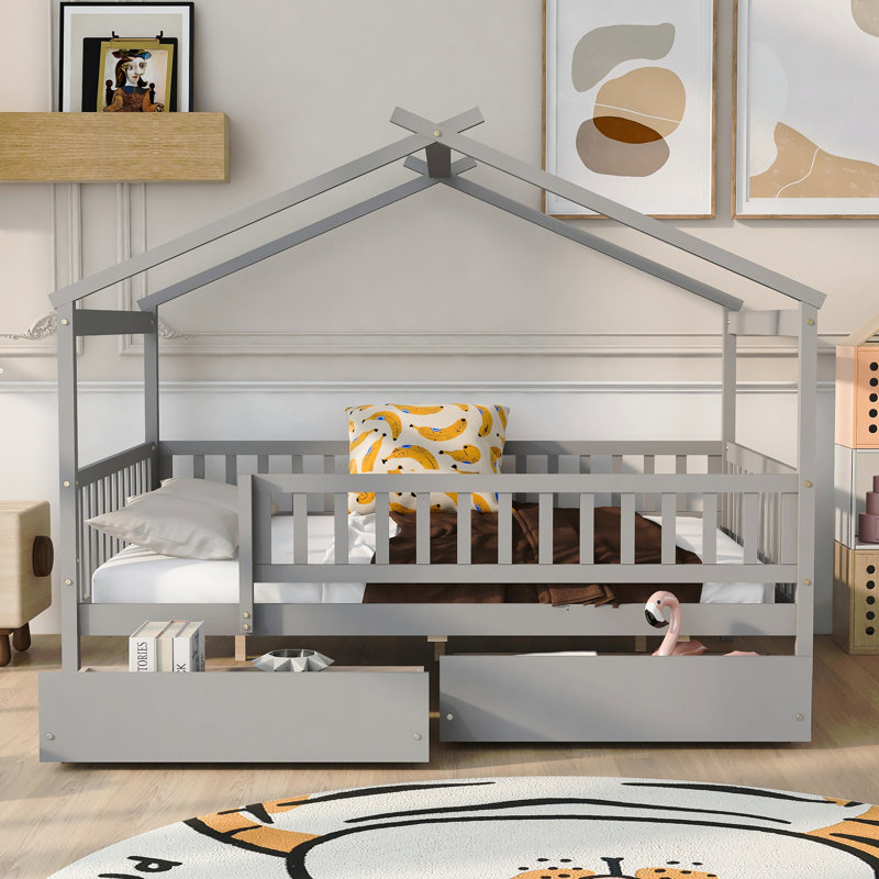 Lit double en bois avec deux tiroirs, Gris