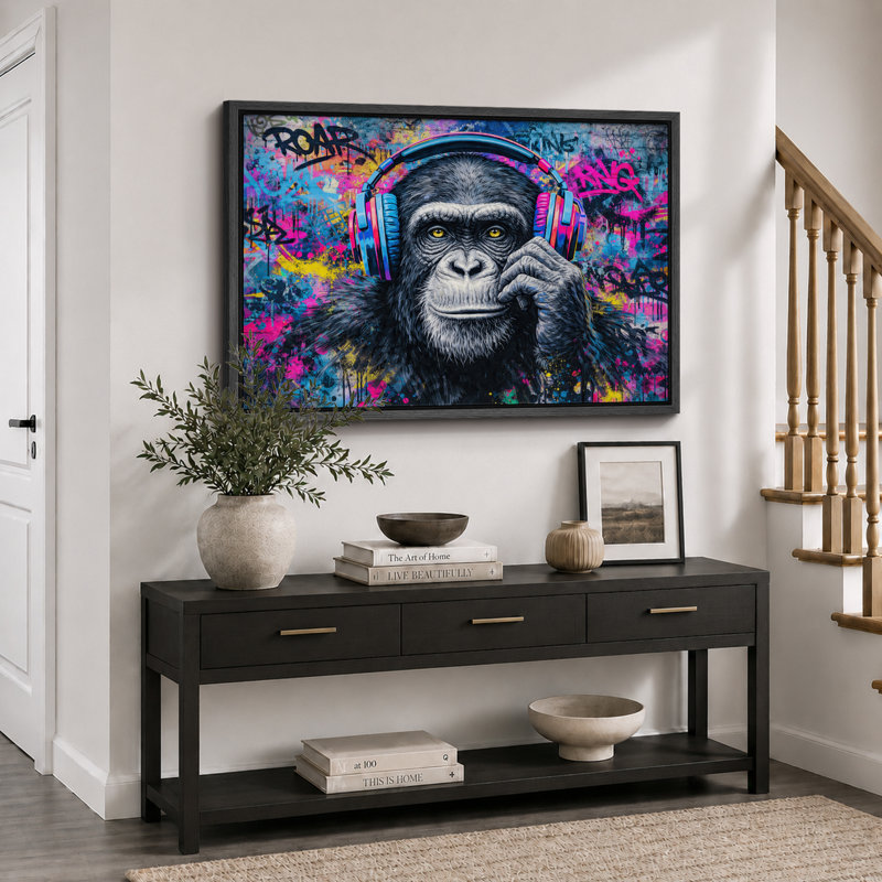 Chimpanzé, casque d'écoute, graffiti, H 24 po x l 36 po x P 1,5 po, Cadre noir