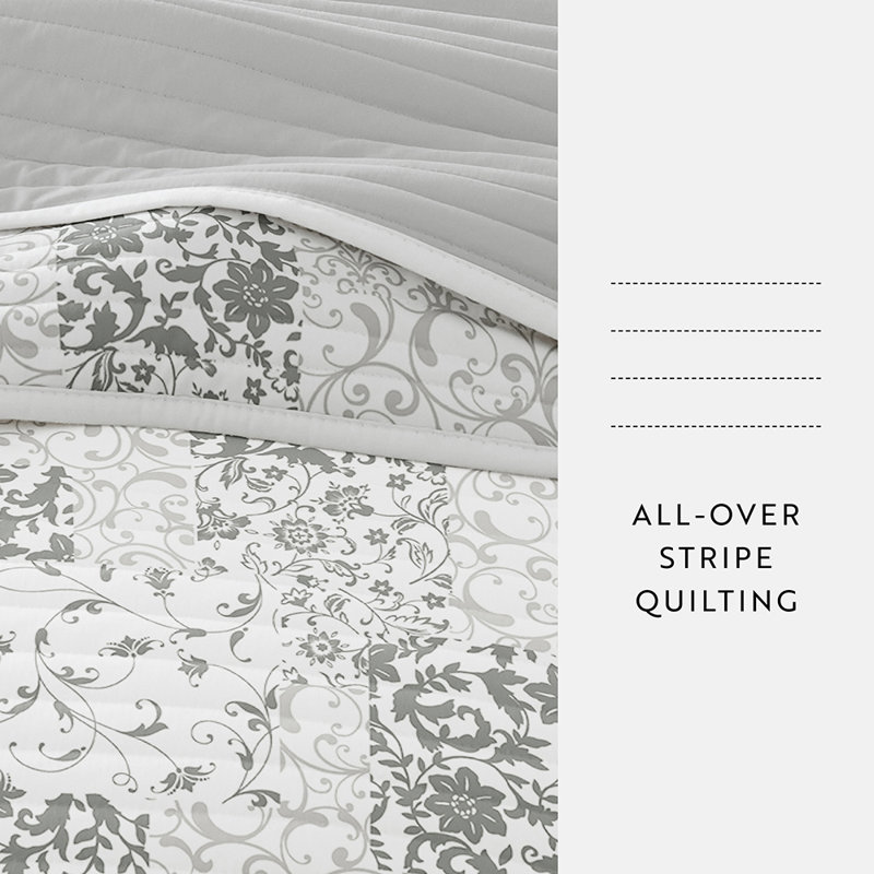 Quilt Coverlet Set All Season Patterned Reversible Microfiber Ultra Soft Bedding in Patchwork, Gray