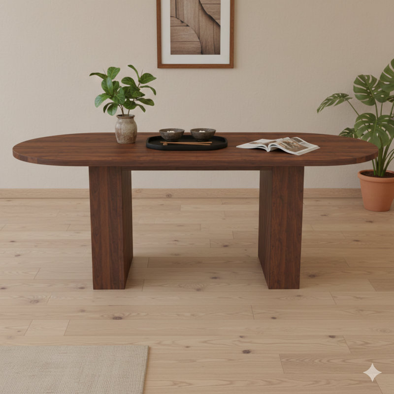 Table de salle à manger ovale de 62,9 pouces pouvant accueillir six personnes, plateau de table en panneau de fibres à densité moyenne plaqué noyer avec base en panneau de fibres à densité moyenne, table de salle à manger de style campagne moderne avec surface imperméable et résistante aux égratignures