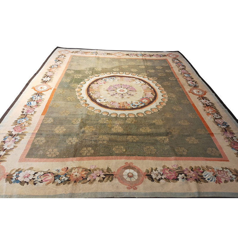 Antique Aubusson French Medallion Flat Weave Rug