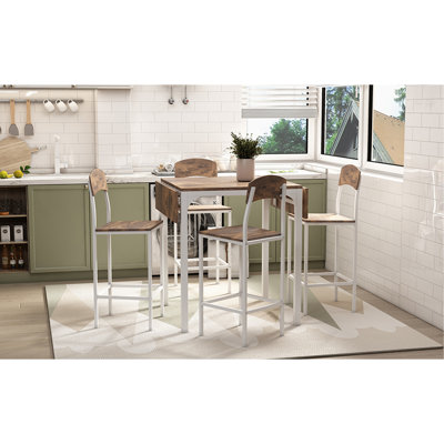 Farmhouse 5-Piece Counter Height Drop Leaf Dining Table Set With Dining Chairs For 4,White Frame+ Rustic Brown Tabletop
