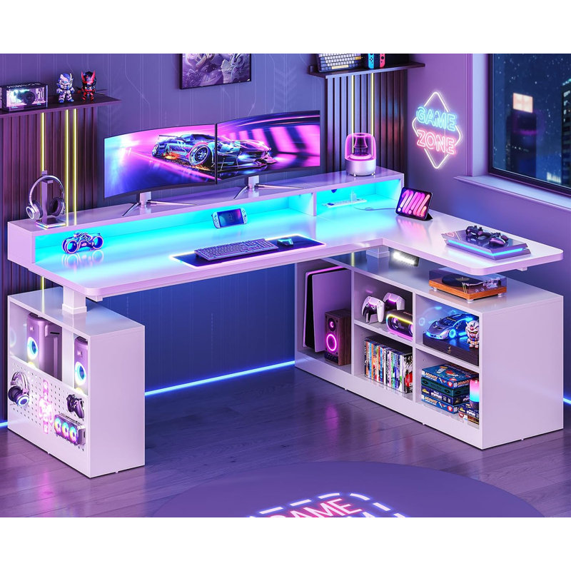 L Shaped Desk Computer Desk With Power Outlets & Led Lights, White