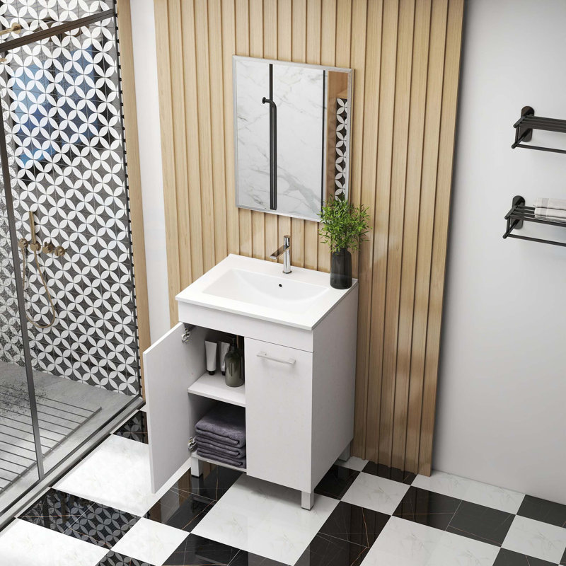 Meuble-lavabo de 24 po avec lavabo et miroir, portes à fermeture douce, tablette ajustable, lavabo en céramique, finition blanc brillant