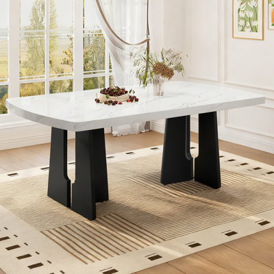 63" Faux Marble Dining Table - Marble Top With Sturdy Geometric Legs, Stylish Kitchen & Dining Room Table For Home, Apartment, Office, Easy To Assemble