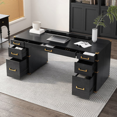 Très grand bureau de direction classique et traditionnel de 70 po avec bordure en métal, bureau d'écriture avec 2 tiroirs classeurs, ports et prises USB, bureau avec compartiment caché pour le salon, le bureau personnel, la salle d'étude,