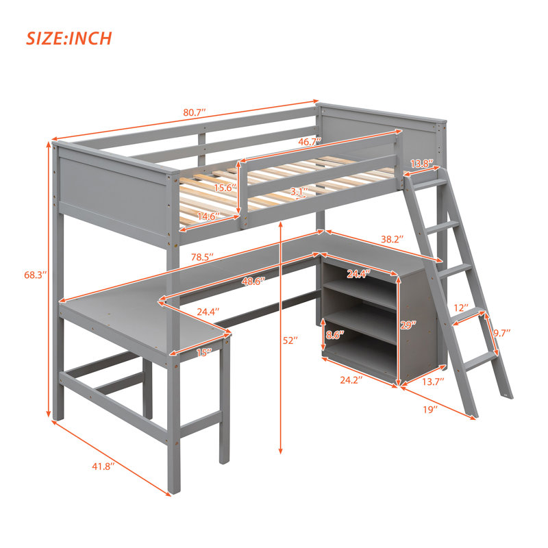 Lit mezzanine simple avec bureau intégré Gasia de Harriet Bee, gris