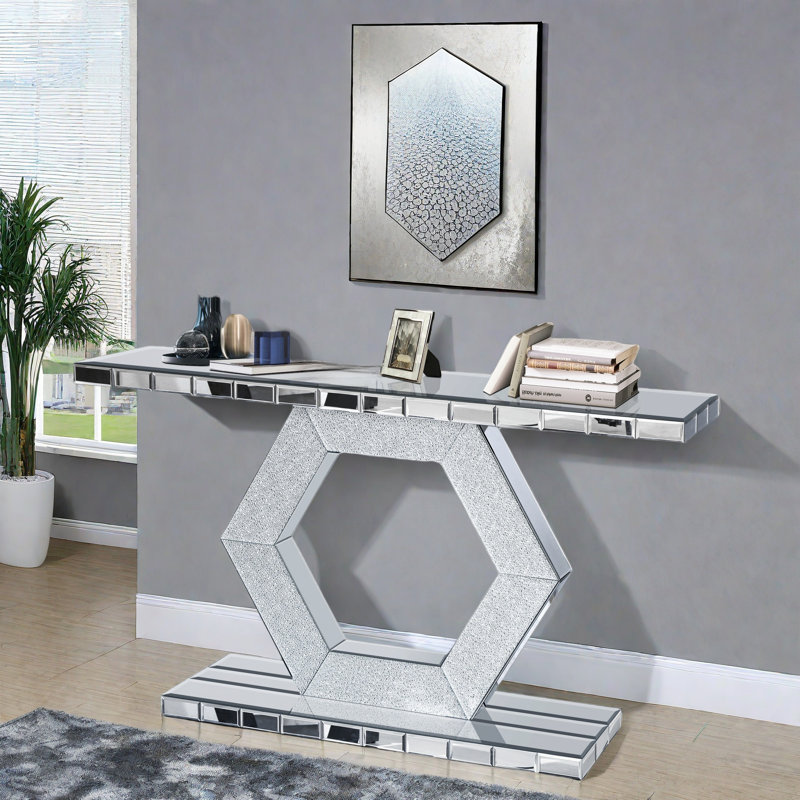 Sparkling Console Table With Diamond Glass Effects And Geometric Hexagon Cutouts
