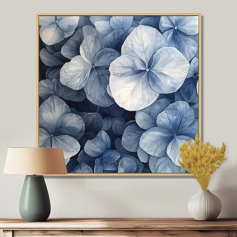 Hortensia grappe avec pétales bleus II - hydrangées, art mural, Impression encadrée flottante, Crème, crème